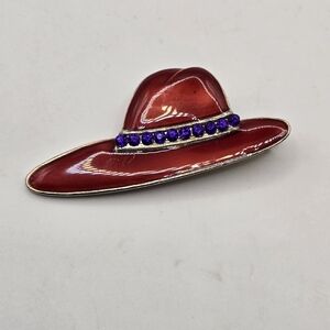 Vintage Red Enamel Hat Pin Brooch: 1980s Rhinestone Accent